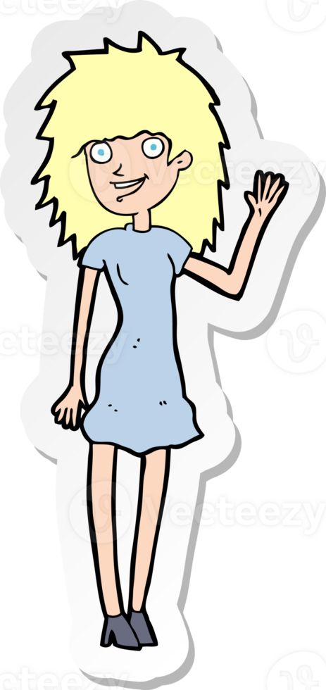 sticker of a cartoon happy woman waving png