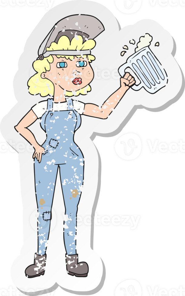 retro distressed sticker of a cartoon hard working woman with beer png