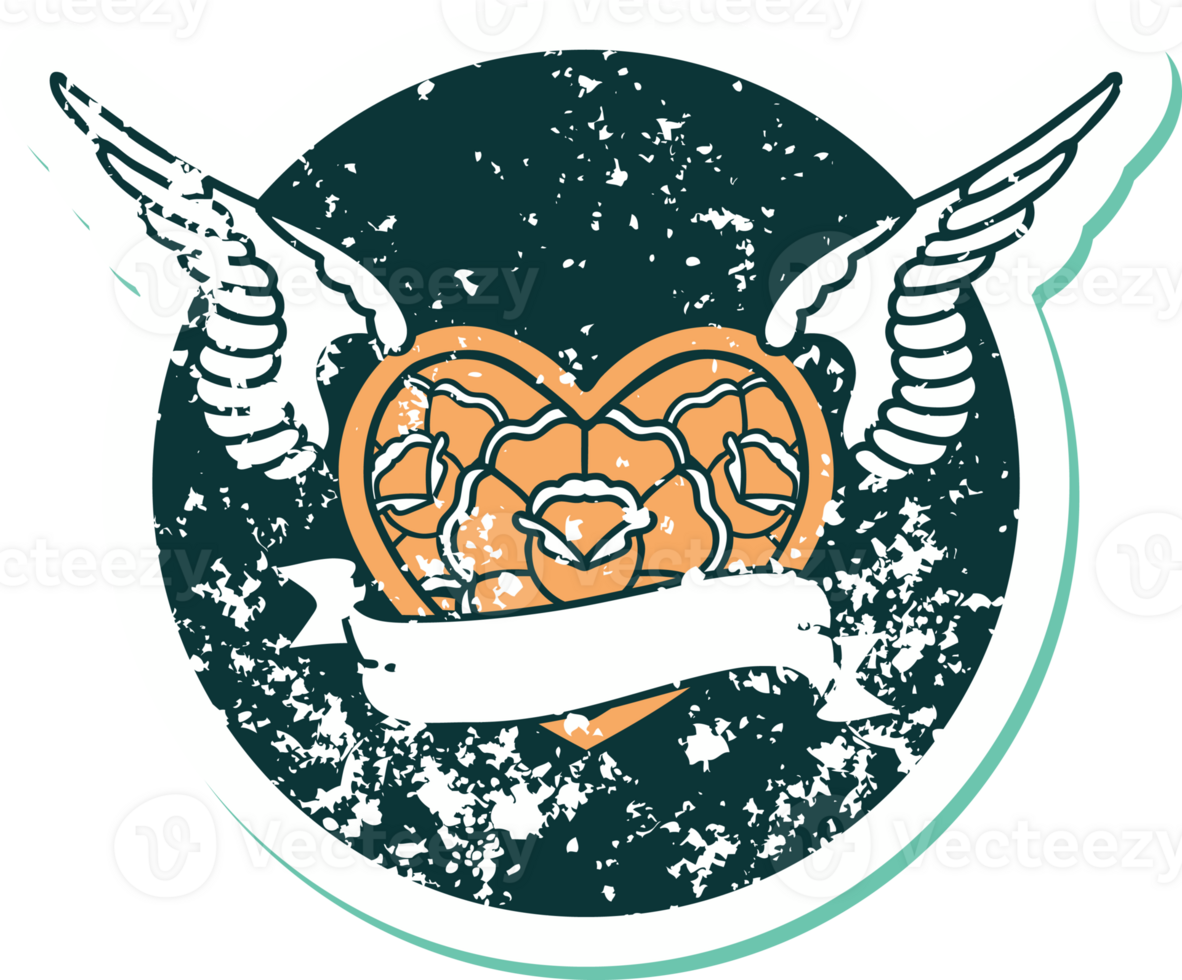 iconic distressed sticker tattoo style image of a flying heart with flowers and banner png