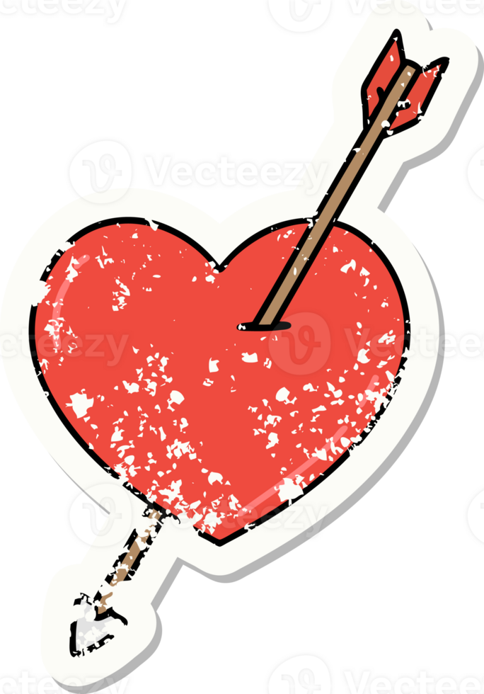 Distressed Sticker Tattoo im traditionellen Stil eines Pfeils und Herzens png