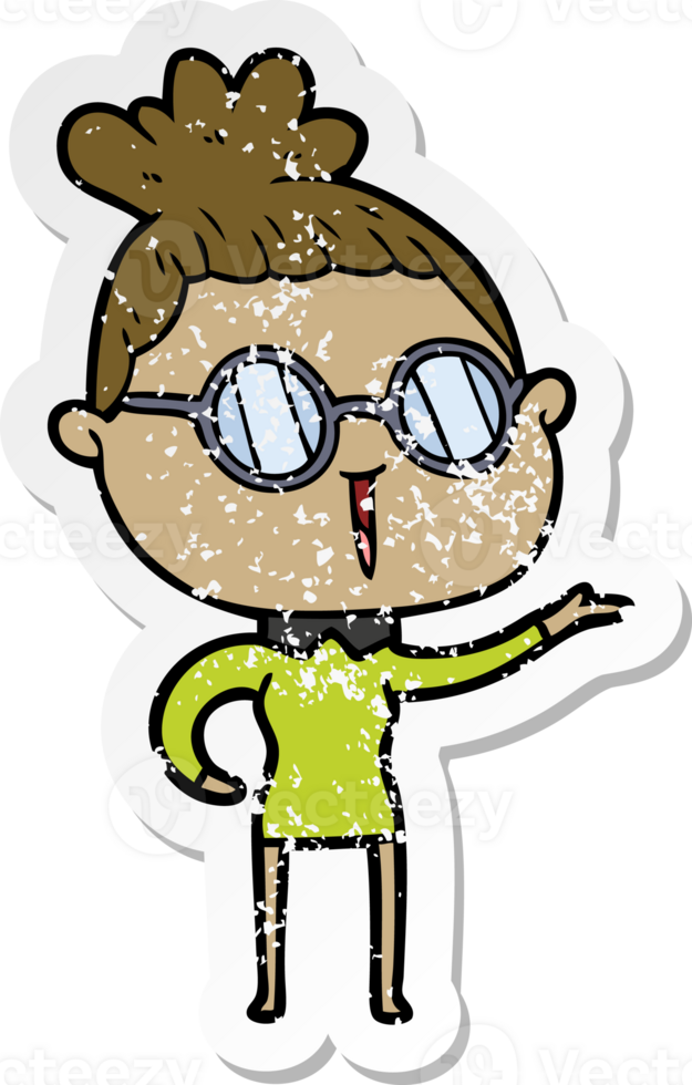 distressed sticker of a cartoon woman wearing spectacles png