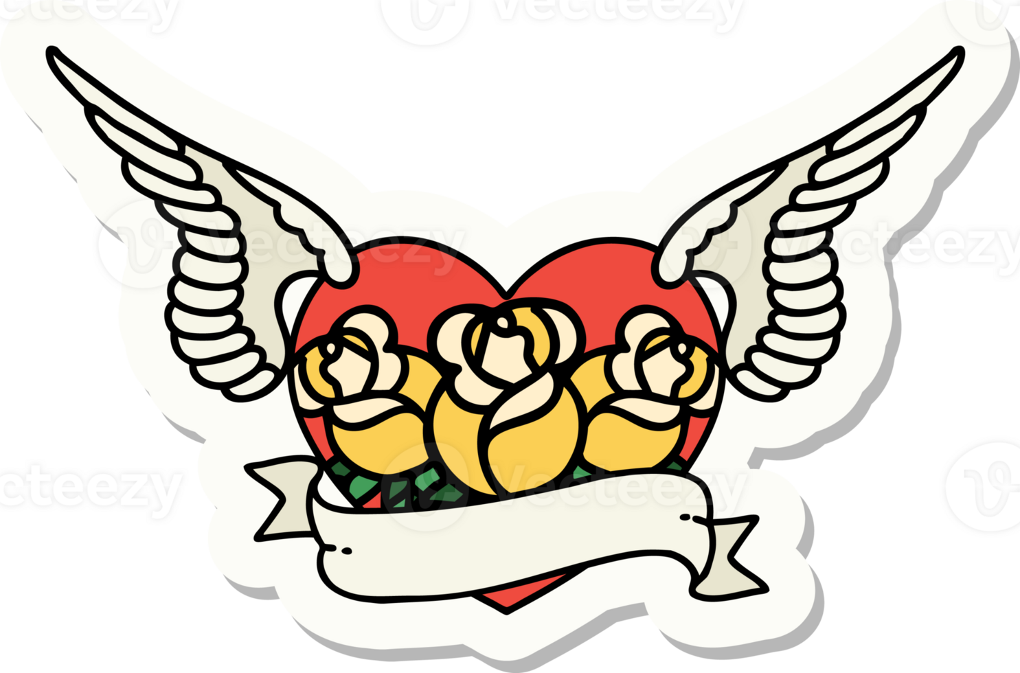 sticker of tattoo in traditional style of a flying heart with flowers and banner png