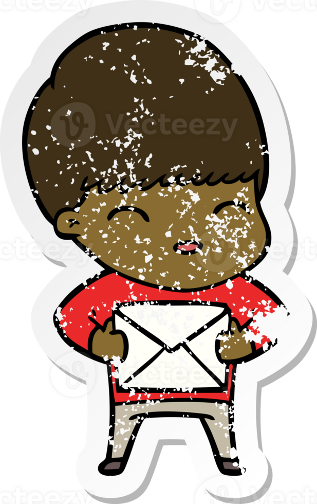 distressed sticker of a happy cartoon boy png