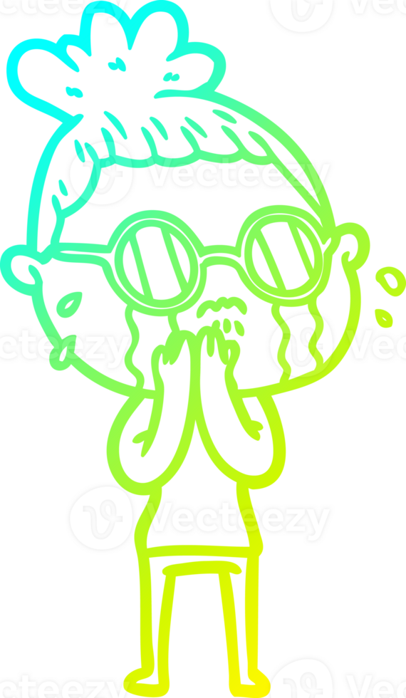 cold gradient line drawing of a cartoon crying woman wearing spectacles png