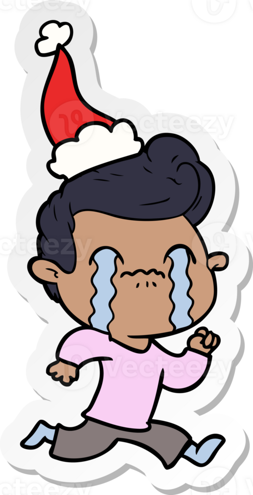 hand drawn sticker cartoon of a man crying wearing santa hat png