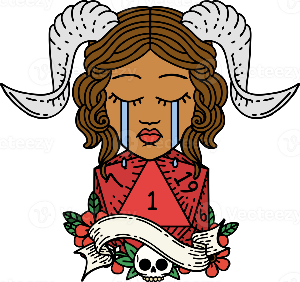 Retro Tattoo Style crying tiefling with natural one D20 dice roll png