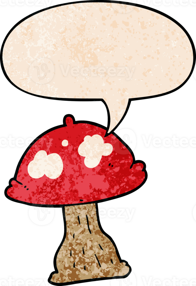 cartoon mushroom with speech bubble in retro texture style png