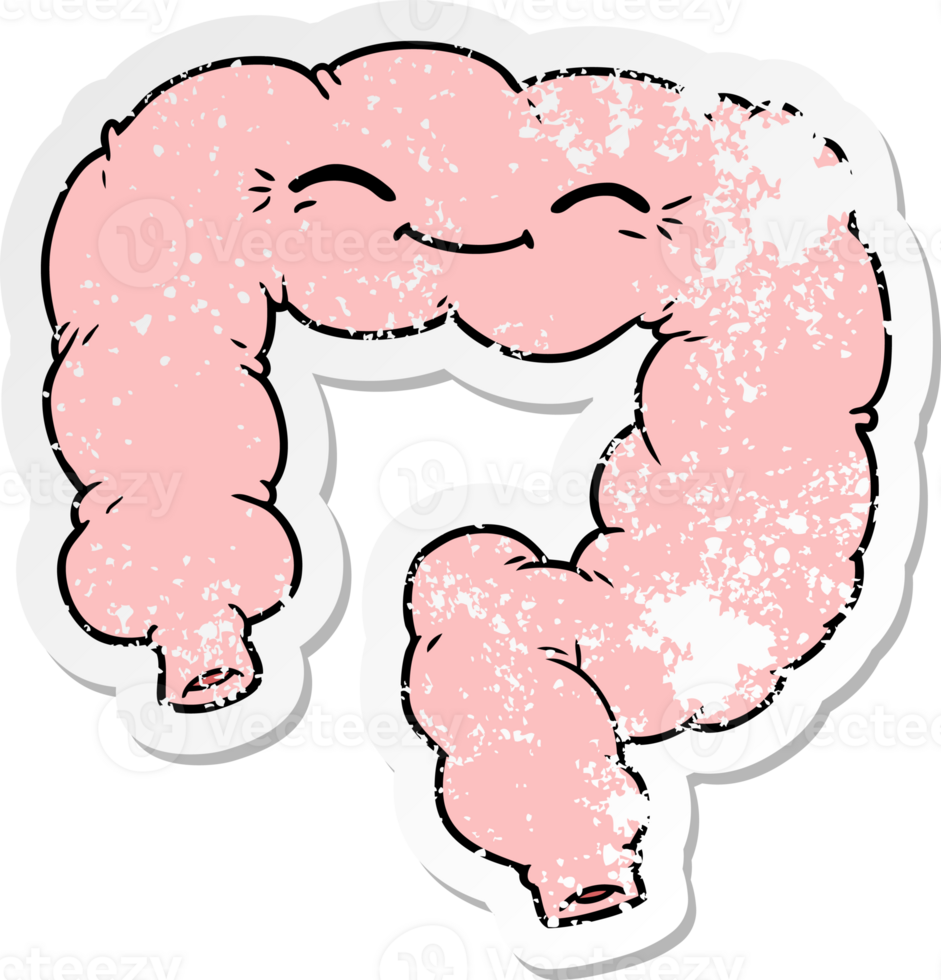 distressed sticker of a cartoon happy colon png
