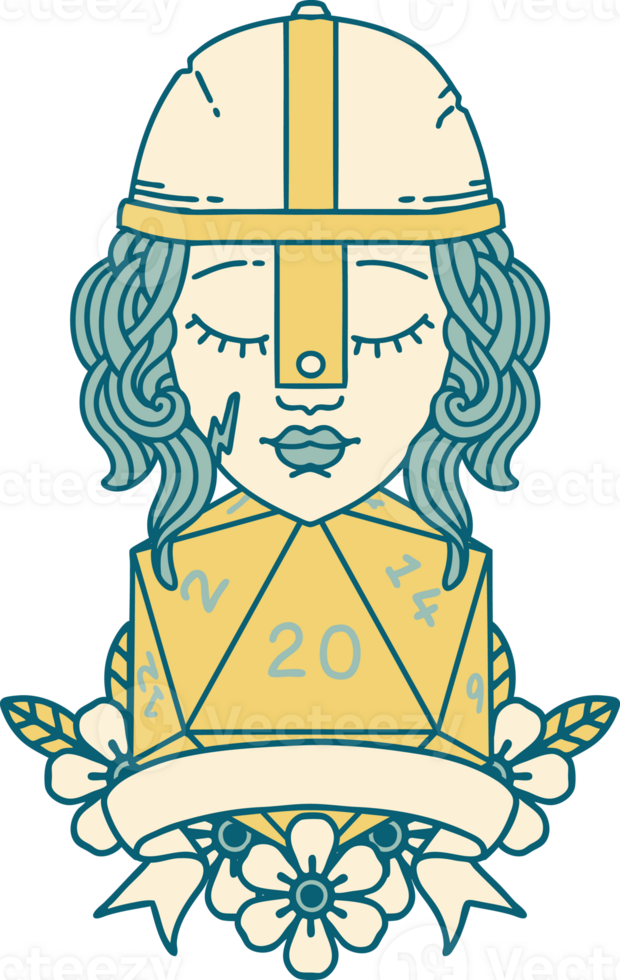 Retro Tattoo Style human fighter with natural 20 roll png
