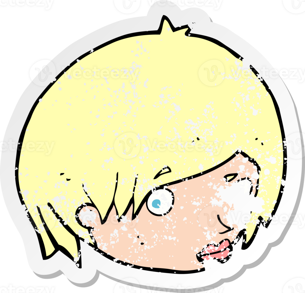 retro distressed sticker of a cartoon female face with raised eyebrow png