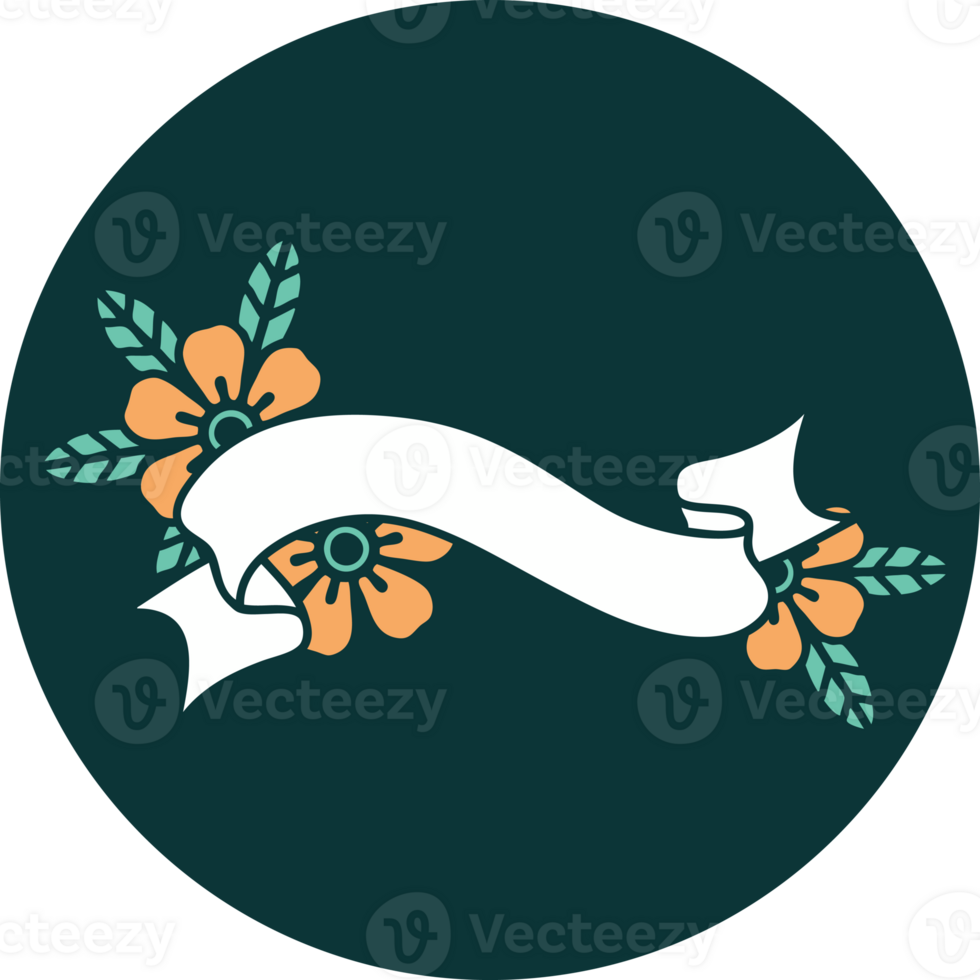 iconic tattoo style image of a banner and flowers png