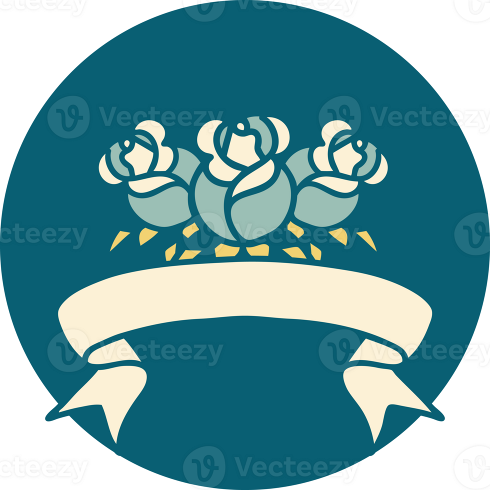 tattoo style icon with banner of a bouquet of flowers png