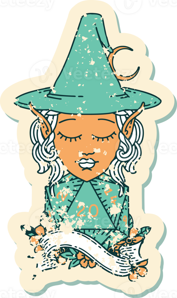 Retro Tattoo Style elf mage character with natural twenty dice roll png