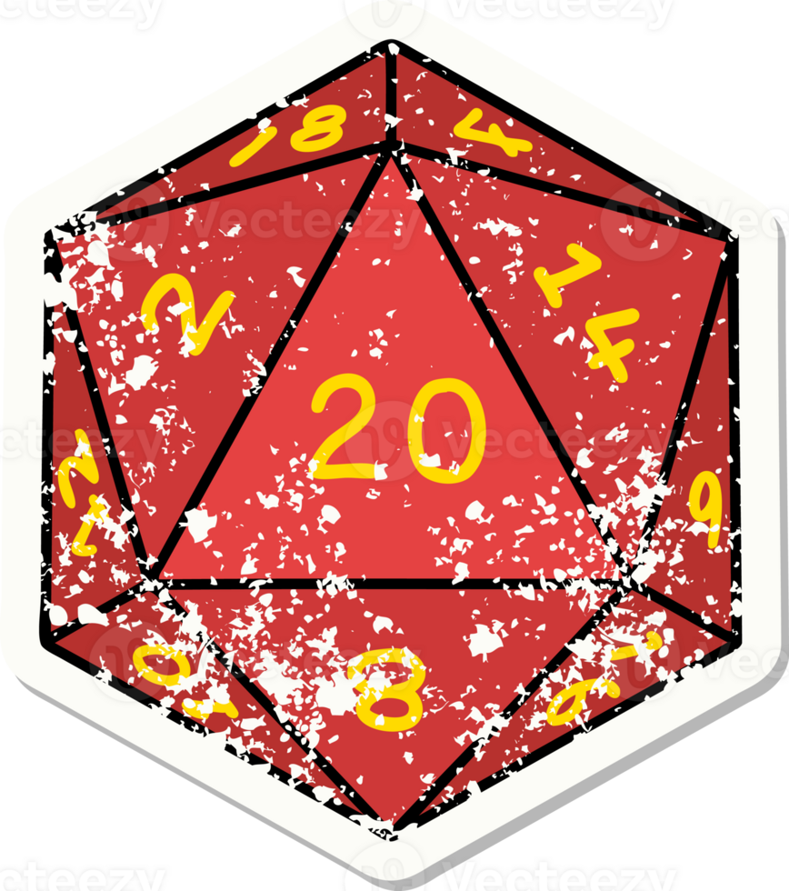 grunge sticker of a natural 20 D20 dice roll png