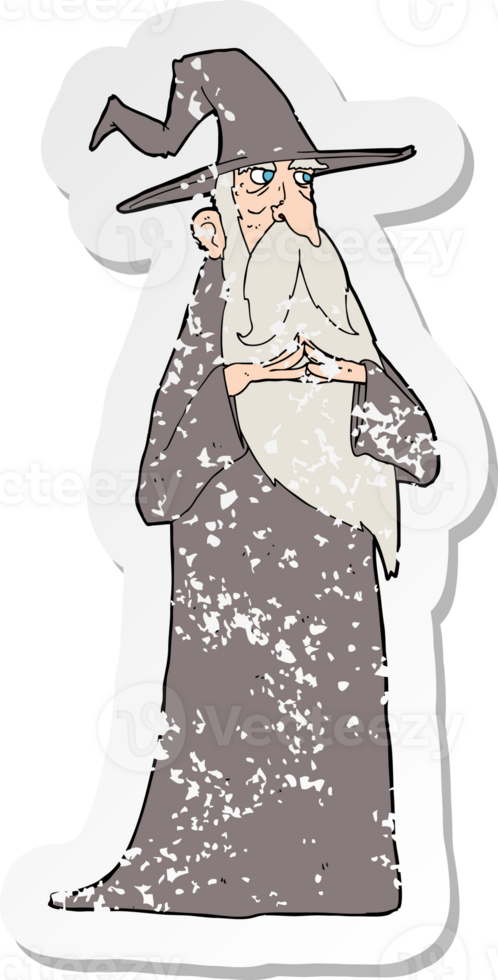 retro distressed sticker of a cartoon old wizard png