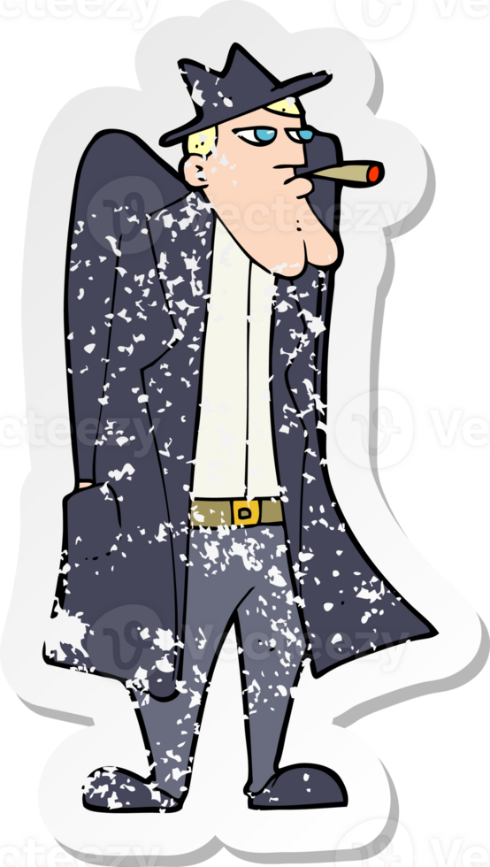 retro distressed sticker of a cartoon man in hat and trench coat png