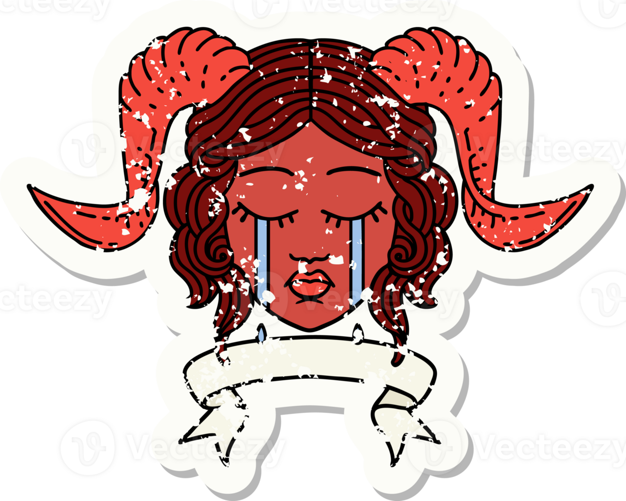 Retro Tattoo Style crying tiefling character face with scroll banner png
