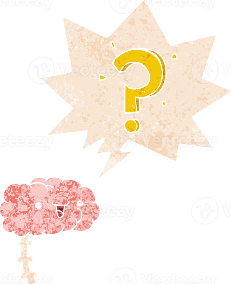cartoon curious brain with speech bubble in grunge distressed retro textured style png