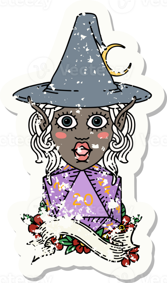 Retro Tattoo Style elf mage character with natural twenty dice roll png
