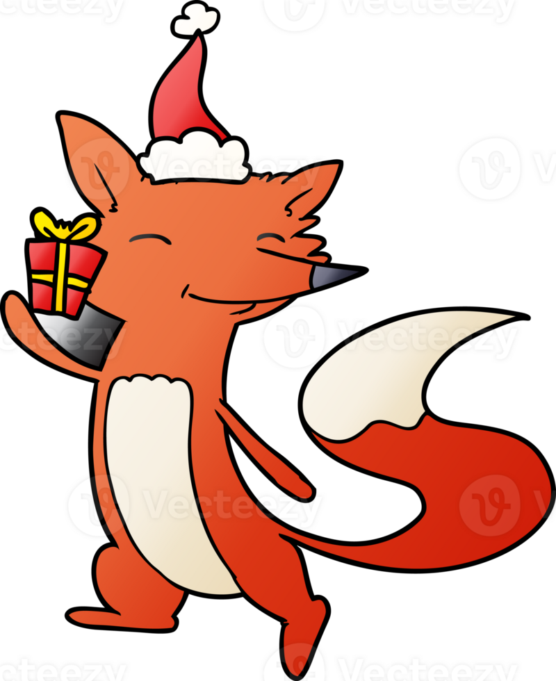 hand drawn gradient cartoon of a happy fox wearing santa hat png