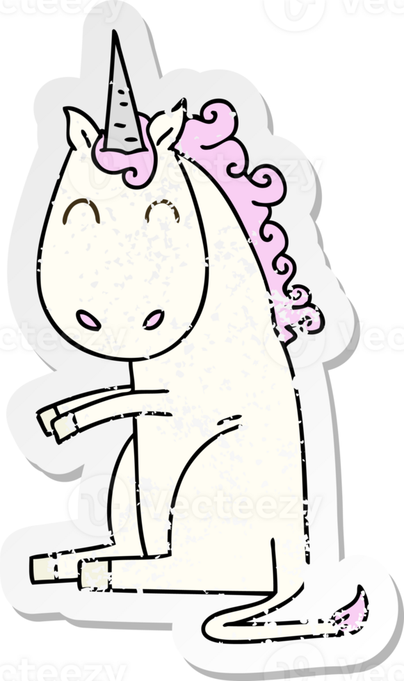 distressed sticker of a quirky hand drawn cartoon unicorn png