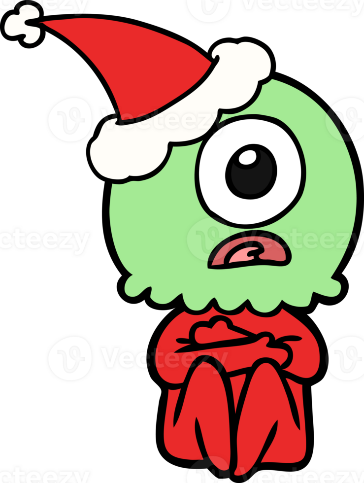 hand drawn line drawing of a cyclops alien spaceman wearing santa hat png