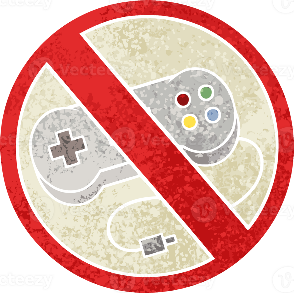 retro illustration style cartoon of a no gaming allowed sign png