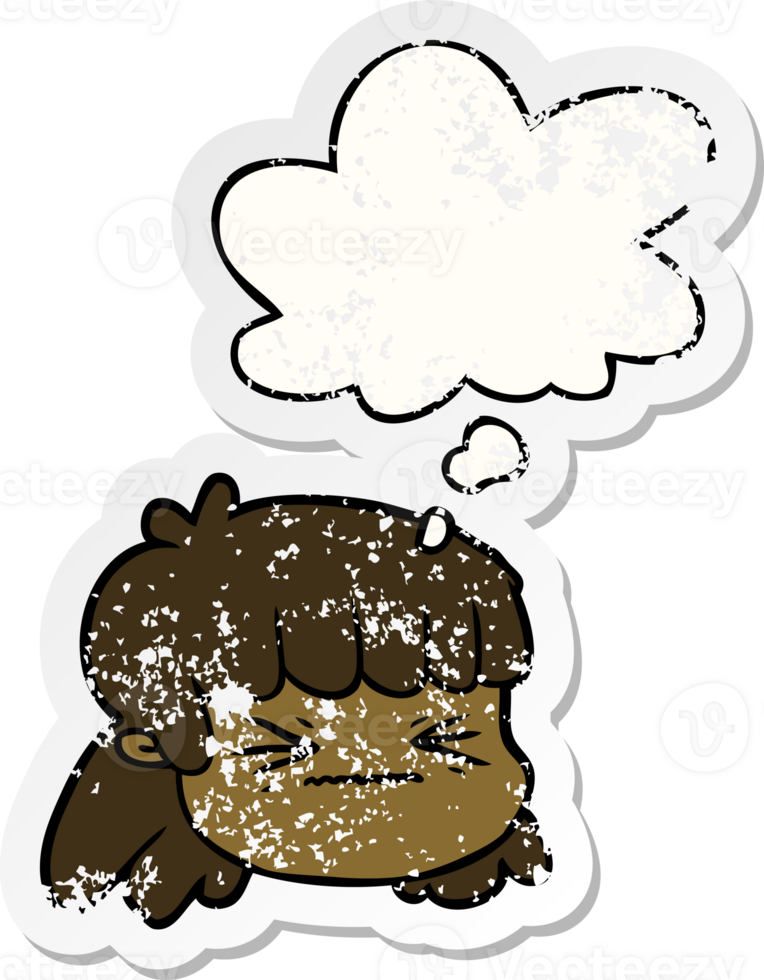 cartoon female face with thought bubble as a distressed worn sticker png