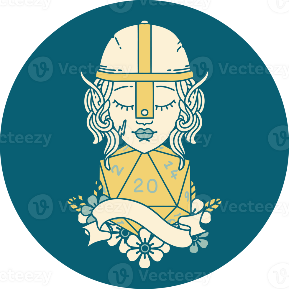 Retro Tattoo Style elf fighter with natural twenty dice roll png