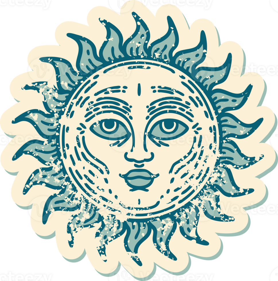 iconic distressed sticker tattoo style image of a sun with face png