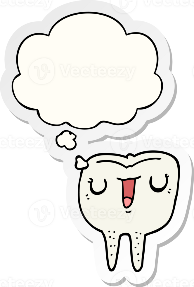 cartoon happy tooth with thought bubble as a printed sticker png