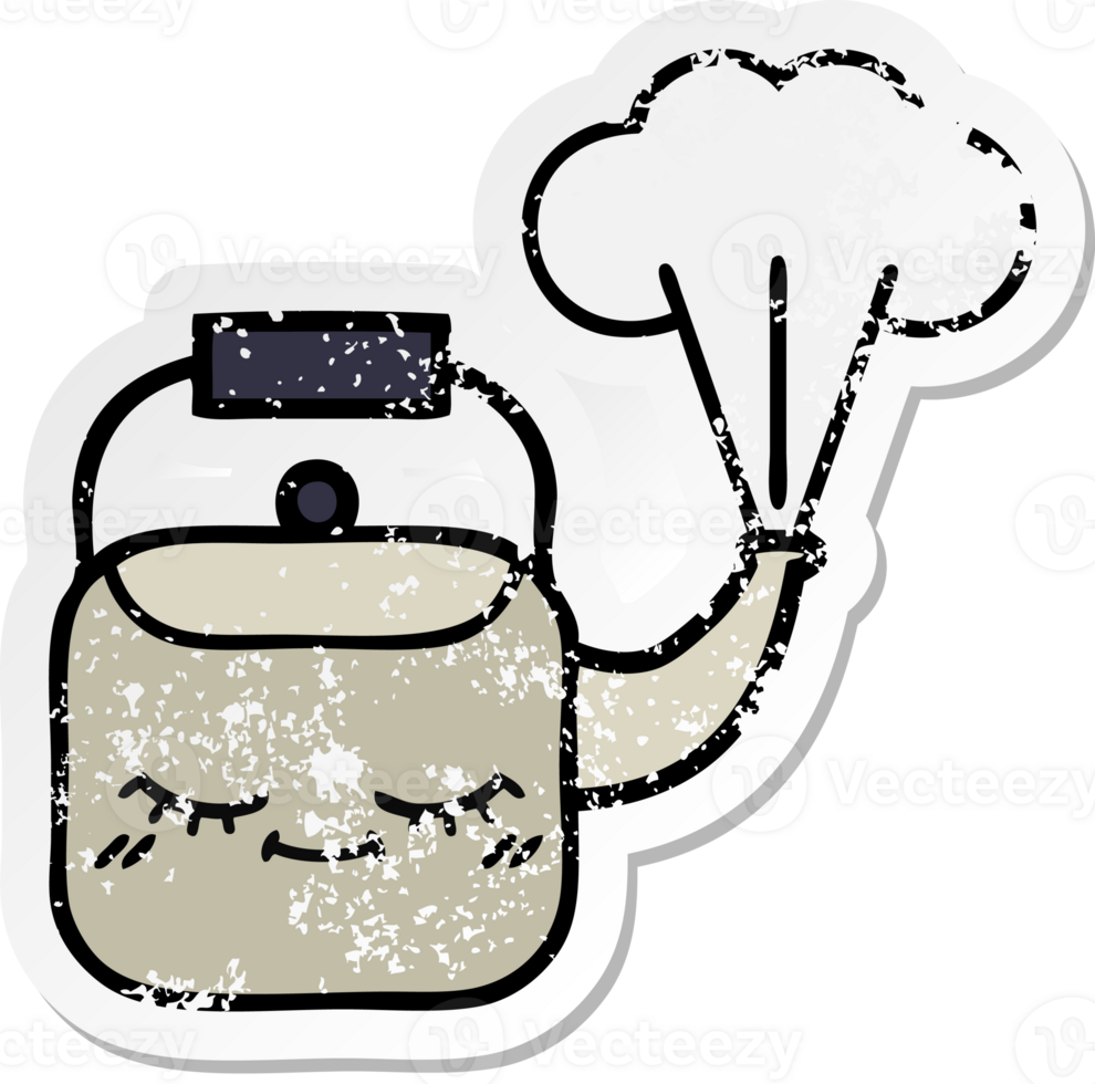 distressed sticker of a cute cartoon steaming kettle png
