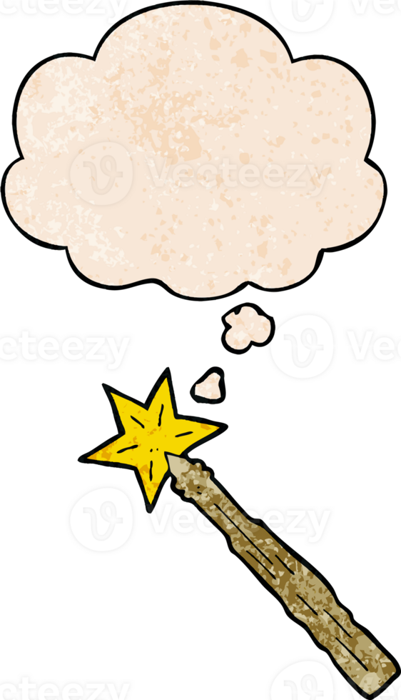 cartoon magic wand with thought bubble in grunge texture style png