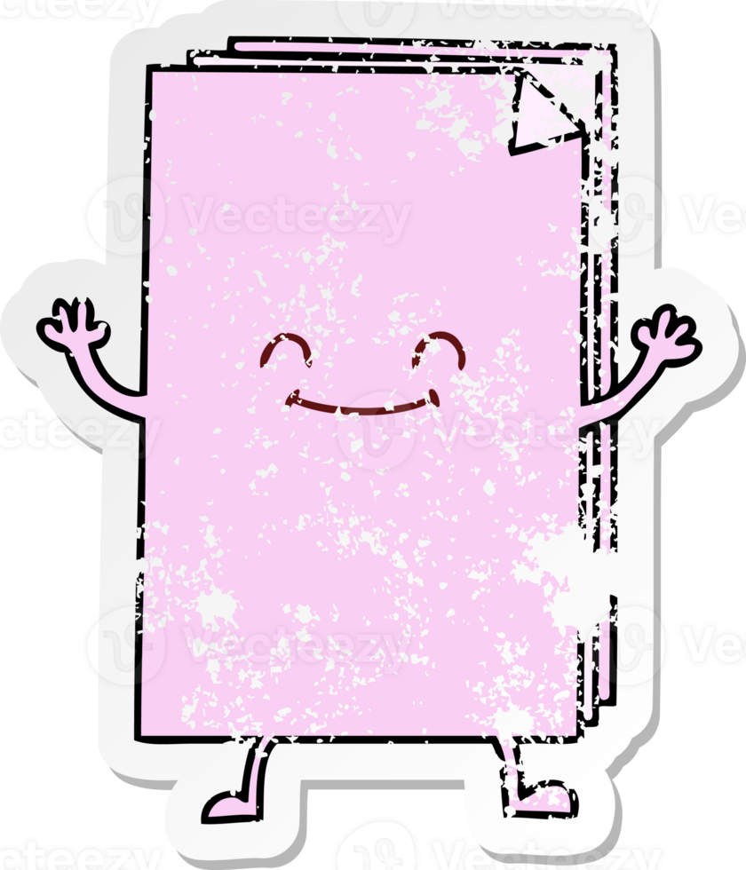 distressed sticker of a quirky hand drawn cartoon happy stack of papers png