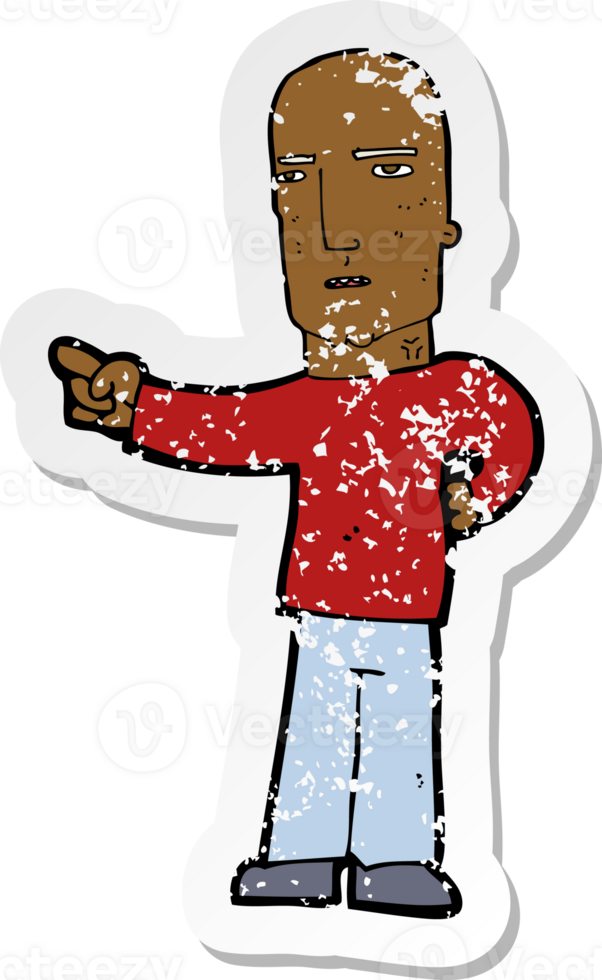 retro distressed sticker of a cartoon tough guy pointing png