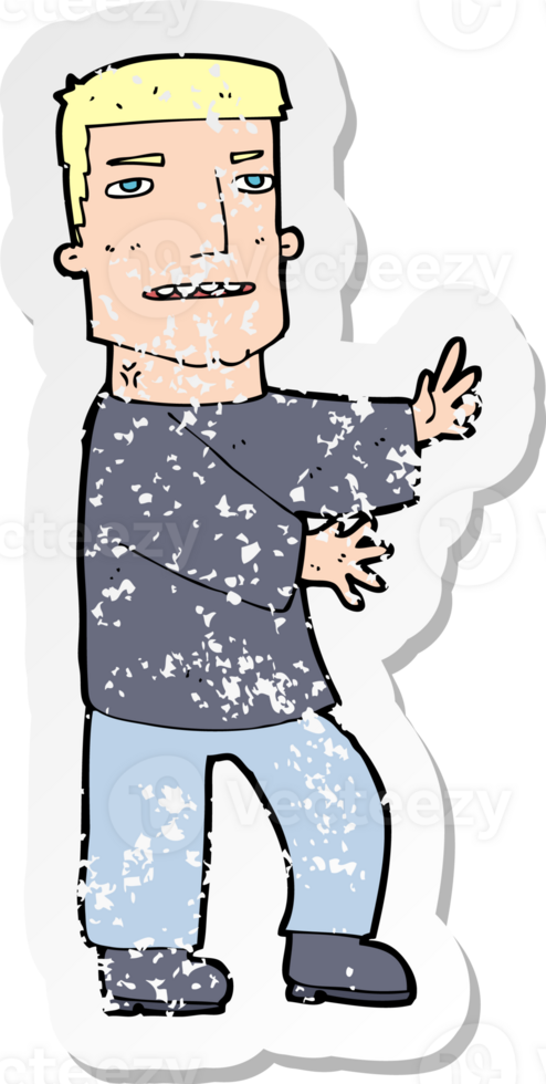 retro distressed sticker of a cartoon man gesturing png