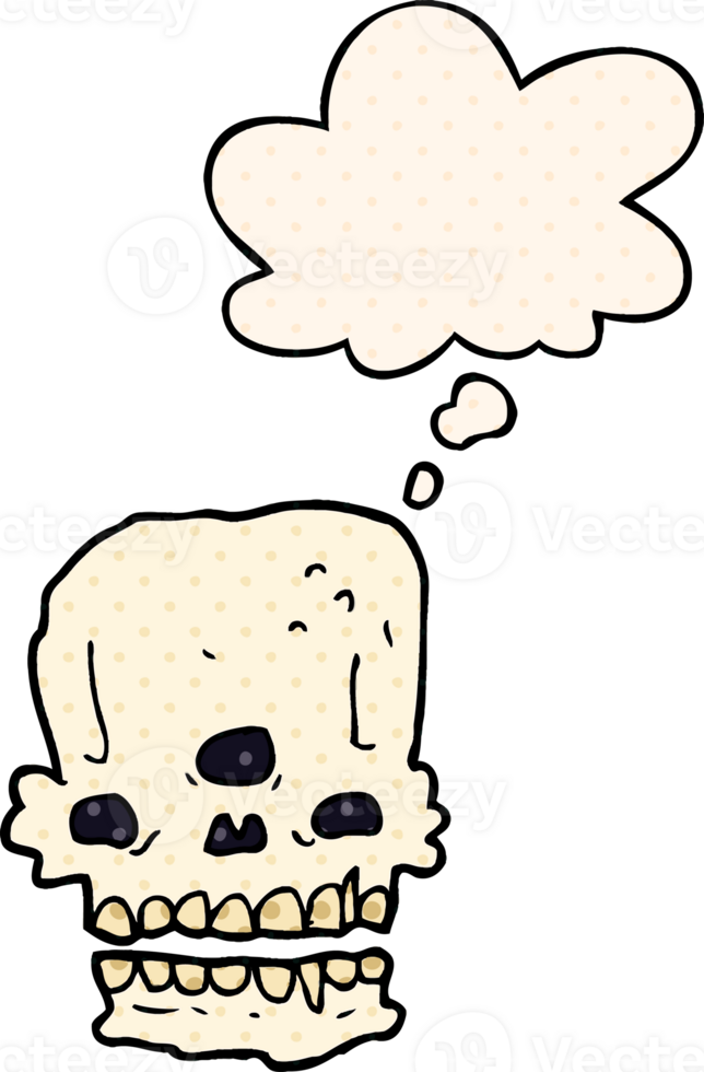 cartoon spooky skull with thought bubble in comic book style png