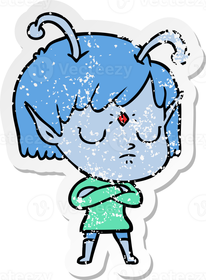 distressed sticker of a cartoon alien girl png