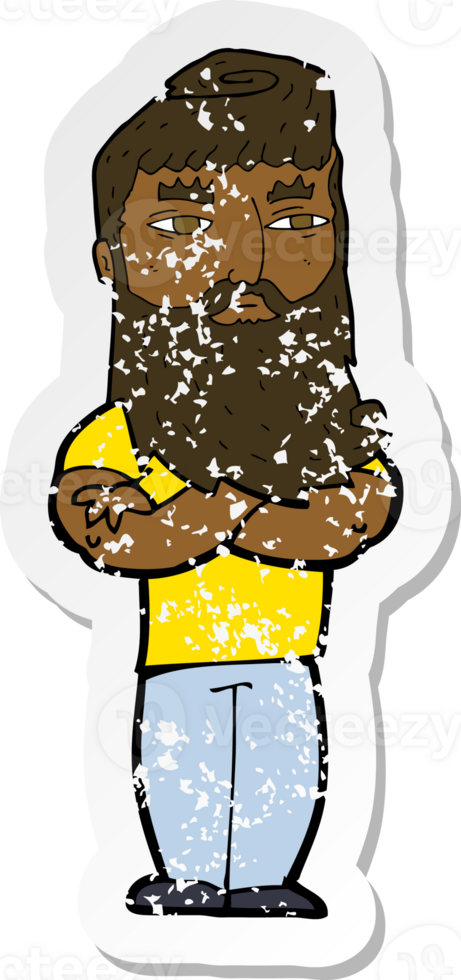 retro distressed sticker of a cartoon serious man with beard png