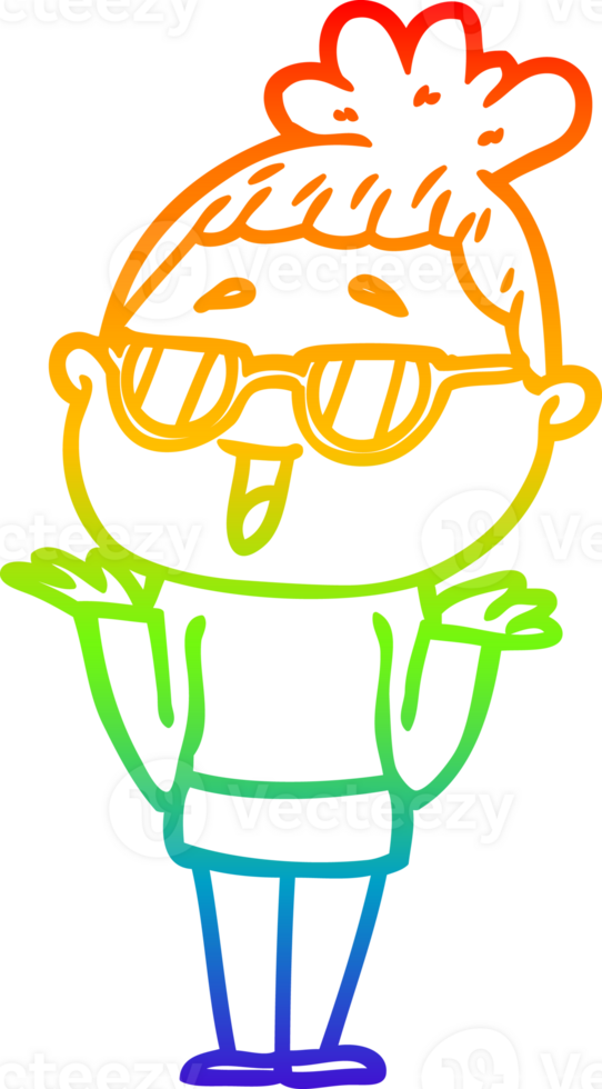 rainbow gradient line drawing of a cartoon happy woman wearing spectacles png