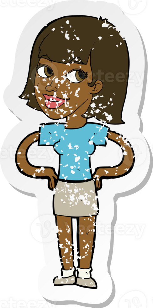 retro distressed sticker of a cartoon happy woman with hands on hips png