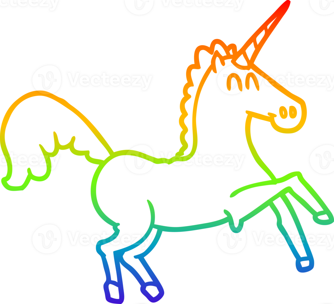 rainbow gradient line drawing of a cartoon unicorn png