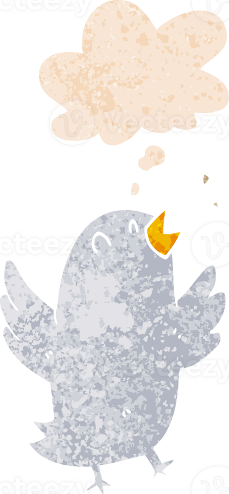 cartoon bird singing with thought bubble in grunge distressed retro textured style png