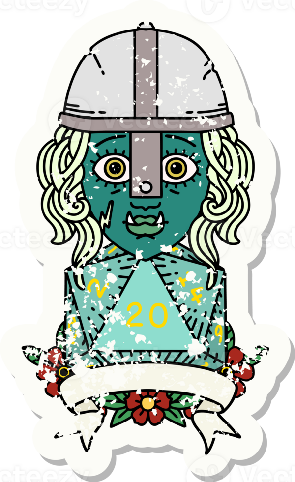 Retro Tattoo Style half orc fighter with natural twenty dice roll png