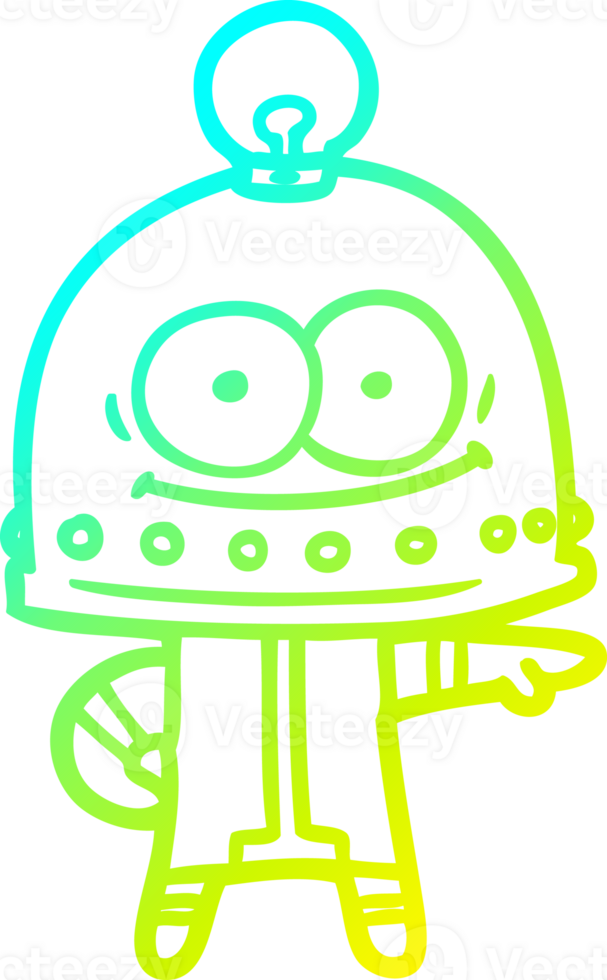 cold gradient line drawing of a happy carton robot with light bulb png