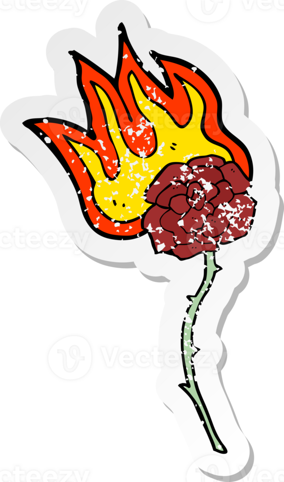 retro distressed sticker of a cartoon burning rose png