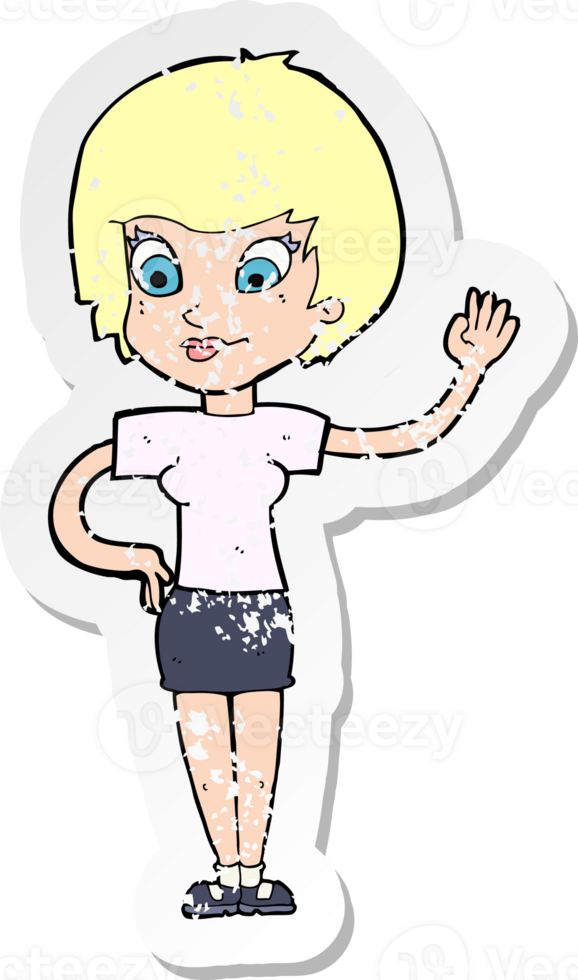 retro distressed sticker of a cartoon woman waving png