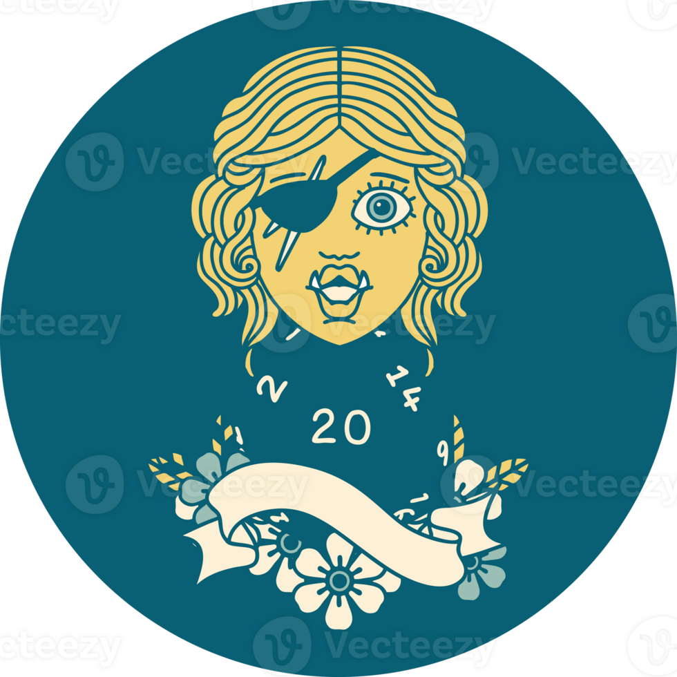 Retro Tattoo Style half orc rogue with natural twenty dice roll png