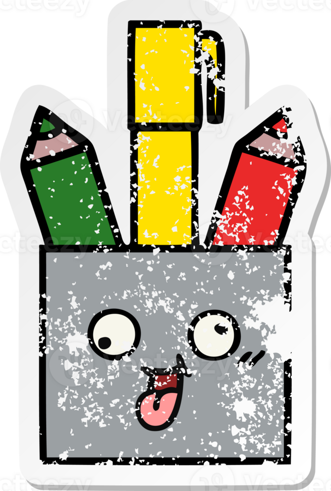 distressed sticker of a cute cartoon pencil pot png