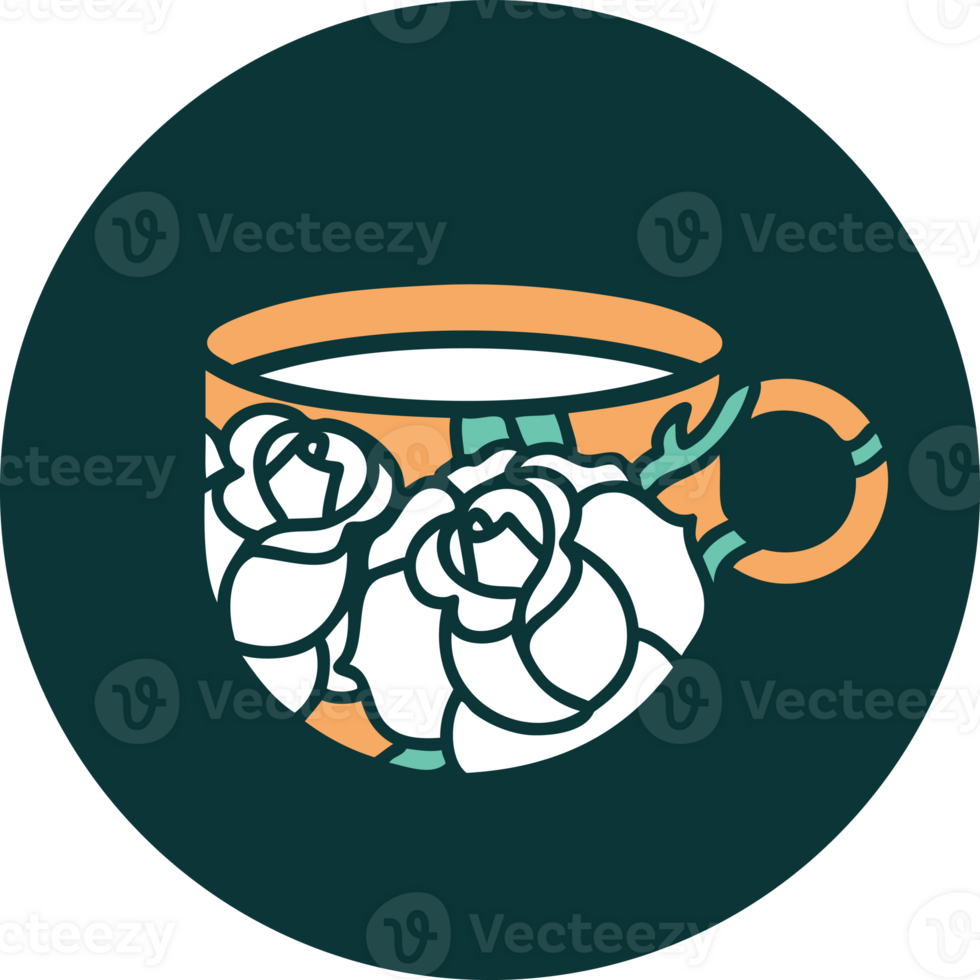 iconic tattoo style image of a cup and flowers png